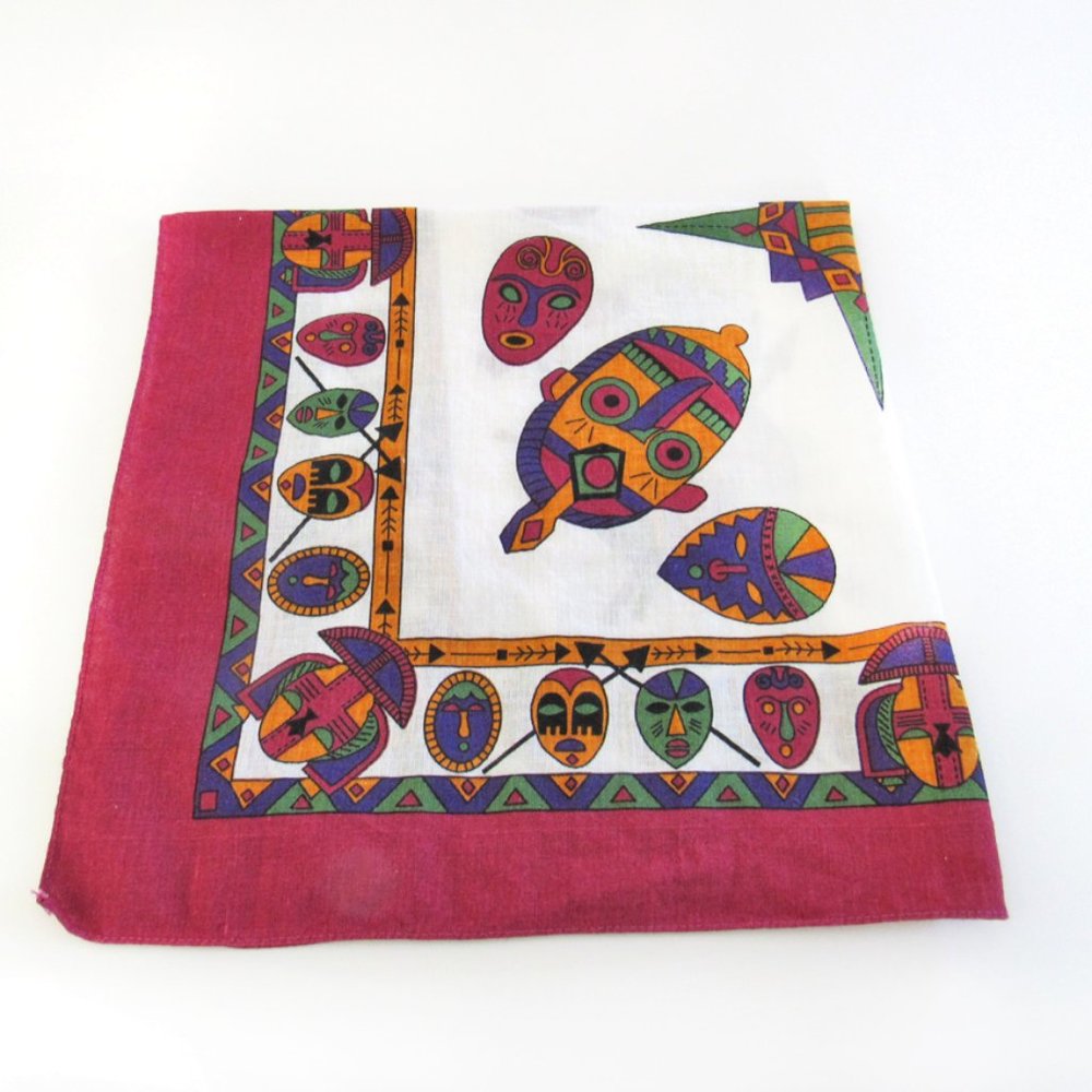 Vintage African Mask Scarf Bandana - Made in the US -, 100% Cotton - Head Wrap